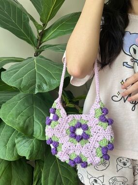 Handmade Crochet Mini Shoulder Bag in Lavender, Purple & Green